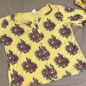 Kate Quinn XS Modal Bamboo cotton Floral Mustard Button Top Cactus Flowers Shirt